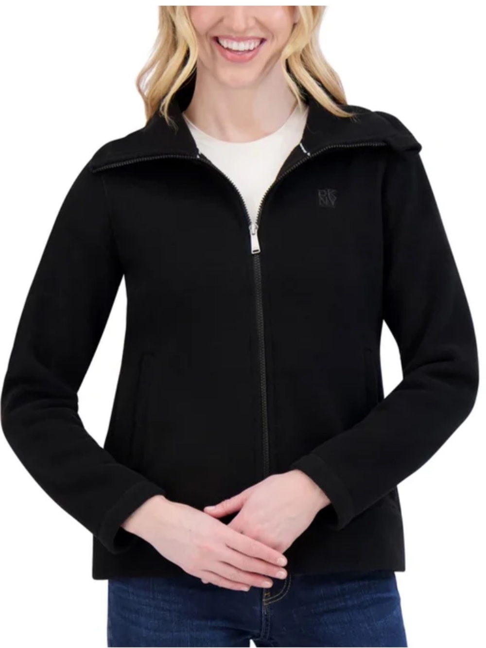 DKNY Black Polar Fleece Full Zip Sweater Jacket Large Cozy Zip Up